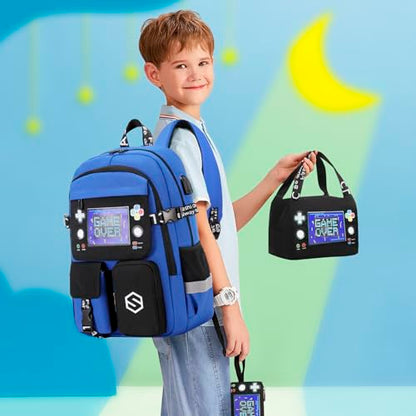 Scothen Boys Backpack, Cool Luminous School Backpacks for Boys with Lunch Bag Pencil Case, Kids Backpack Kindergarten Elementary Middle School Book Bags for Teen Boy Children with USB Charging Port - color: Black-blue