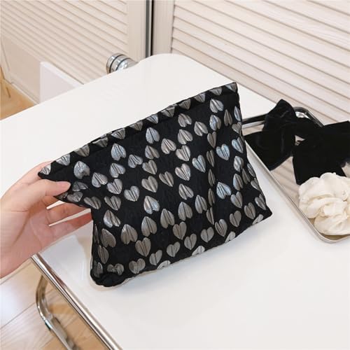 Wudygirl Cute Makeup Bag Cosmetic Bag Travel Cosmetic Pouch for Women Aesthetic Canvas Make up Organizer with Zipper Large Capacity Handbag Pencil Pouch (Black Heart) - color: Black Heart