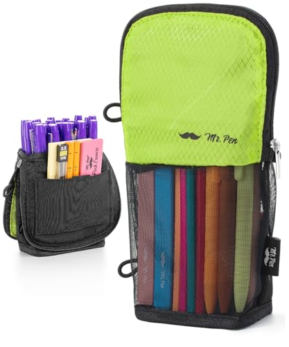 Mr. Pen- Standing Pencil Case Pouch, Sit & Lay Mesh-View Design, Black & Lawn Green, Interior Pocket & 2 Elastic Binder Loops, Cute Pencil Case for Girls and Boys - color: Black & Lawn Green