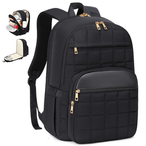 CAMTOP Work Backpack for Women, 15.6-Inch Laptop Backpack with Insulated Lunch Pocket, Lightweight Water-Resistant Quilted Computer Bag for Office, Commute, College and Travel, Black - color: Black, size: Medium-15.6''