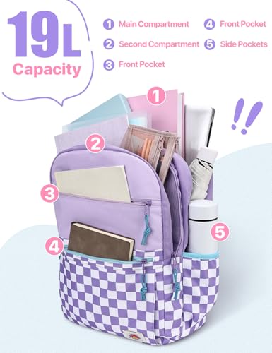 VASCHY School Backpack, Lightweight Classic Cute Aesthetic Bookbag Daypack for Teen Girls Traveling/Gym/Middle School Black Lavender Plaid - color: Lavender Plaid-l, size: Large-17in