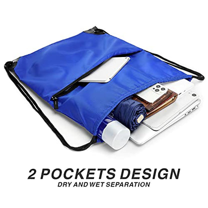 Drawstring Backpack Sports Water Resistant String Bag Sport Gym Sackpack for Women Men Large with Zipper, Royal - color: Royal