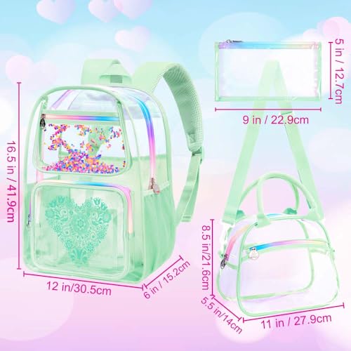 3PCS Clear Bookbag, Women’s Sequins Transparent Backpack Set, Cute Heavy Duty See-Through School Bag for Teens and Elementary Students – Flower Green Love - color: Flower Green Love Clear Backpack Set