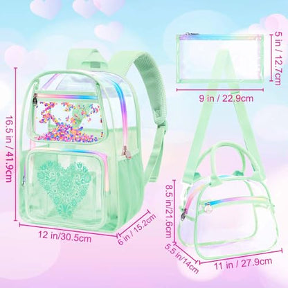 3PCS Clear Bookbag, Women’s Sequins Transparent Backpack Set, Cute Heavy Duty See-Through School Bag for Teens and Elementary Students – Flower Green Love - color: Flower Green Love Clear Backpack Set
