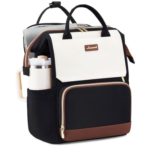 LOVEVOOK Independent Laptop Compartment Backpack for Women with Giant Tumbler Holder Pocket for Travel Work Nurse Teacher - color: Black White Brown, size: 15.6-Laptop Sleeve