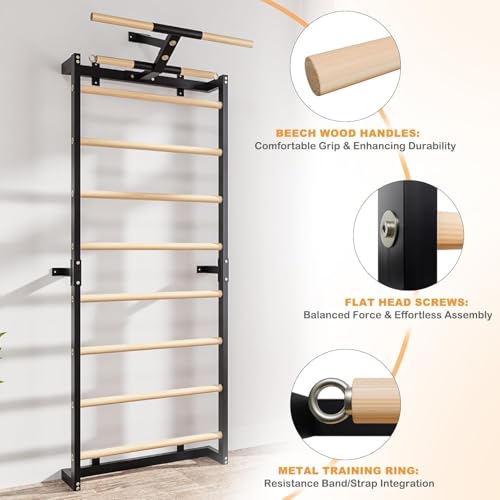 Swedish Ladder, Wood Stall Bars Suspension Trainer with Pull-Up Bar & Rings for Straps, Swedish ladders Wall Gym Adult, Wall-Mounted Workout Ladder