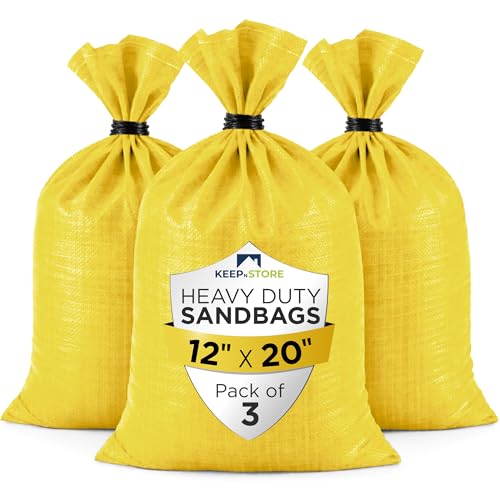 Heavy Duty Sand Bags Pack of 3, Bright Yellow Empty Sandbags with Built-In Ties, Woven Polypropylene UV Protection 1600 Hours, Fillable Bags for Flood Control, Weight, 12x20 inches, 25 Pounds Volume - size: 12"W x 20"L, style: Pack of 3