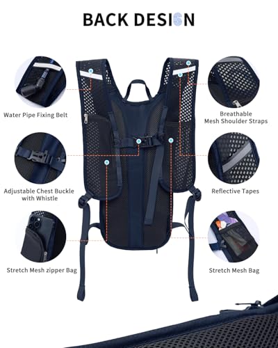 Blue Quartz Hydration Backpack with 2L Water Bladder, Hiking Water Pack with Insulated Compartment for Women Men, Lightweight Cycling Daypack with Phone Pocket, Hydration Pack for Running,Biking - color: Navy Blue