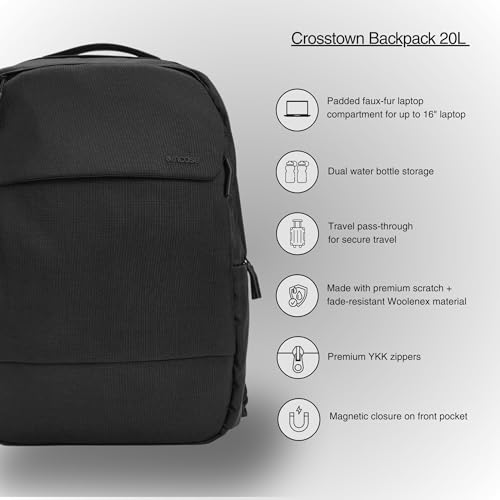 Incase Crosstown Backpack – 20L Everyday Laptop Backpack for Work, Travel – 16" Faux Fur MacBook Sleeve, External Front Pocket, Water Bottle Pockets, Travel Pass Through - Black - color: Black