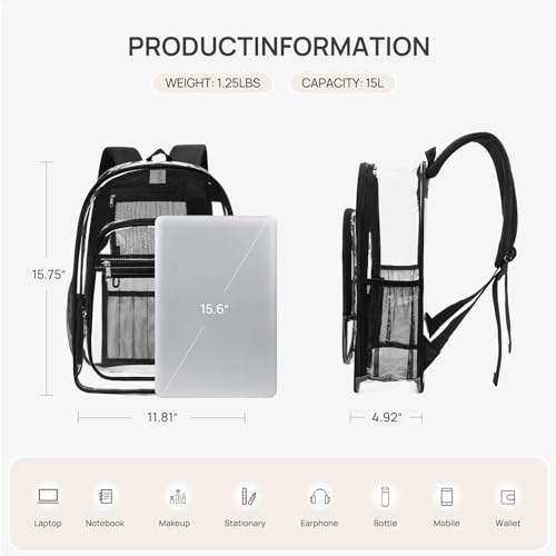Telena Clear Backpack with Multi-pockets, Heavy Duty TPU Transparent Bag with Reinforced Straps, Large See Through Bookbag for College, Work - Black - color: 1-black