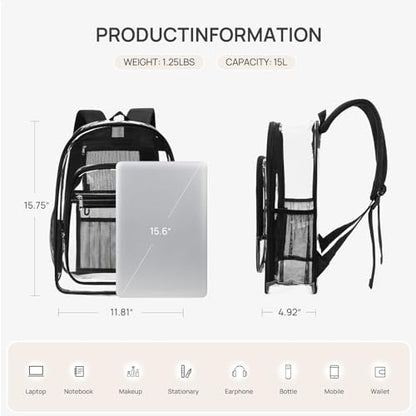 Telena Clear Backpack with Multi-pockets, Heavy Duty TPU Transparent Bag with Reinforced Straps, Large See Through Bookbag for College, Work - Black - color: 1-black