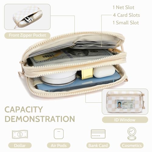 FODOKO Wristlet wallets for women Nylon Quilted Wallet with 4 Zippers,Travel Credit Card,Holder Cell Phone Organizer - color: Beige