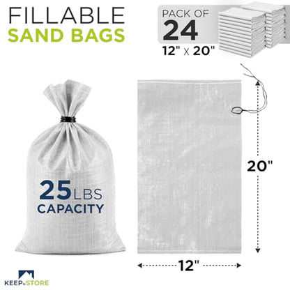 Heavy Duty Sand Bags Pack of 24, White Empty Sandbags with Built-In Ties, Woven Polypropylene UV Protection 1600 Hours, Fillable Bags for Flood Control, Weight, 12x20 inches, 25 Pounds Volume - size: 12"W x 20"L, style: Pack of 24