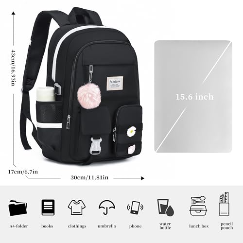 YAMTION School Backpack for Teen Girls,15.6in Laptop Backpack Kids Bookbag for Middle School College Students,Cute School Bag for Women,Black - color: Black