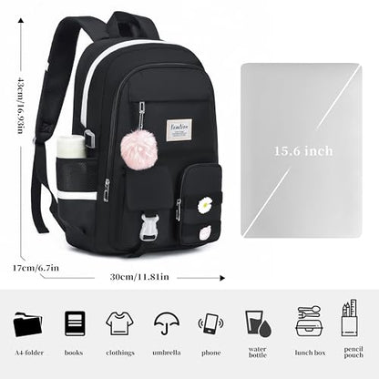 YAMTION School Backpack for Teen Girls,15.6in Laptop Backpack Kids Bookbag for Middle School College Students,Cute School Bag for Women,Black - color: Black