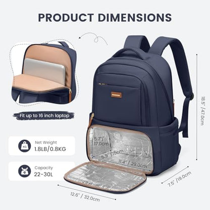 GOLF SUPAGS Lunch Backpack 16 Inch Laptop Backpack with Insulated Cooler Lunch Box Food Bag for College Work Camping Picnics (Navy Blue) - color: Navy Blue