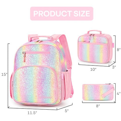 mibasies Girls Backpack with Lunch Box: 3PCS Kids Backpack Set for Kindergarten Elementary - 15 IN Cute Bookbag - Glitter Rainbow - color: Glitter Rainbow