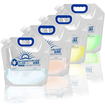 WaterStorageCube Premium Collapsible Water Container Bag, BPA Free Food Grade Clear Plastic Storage Jug for Camping Hiking Backpack Emergency, No-Leak Freezable Foldable Water Bottle 1.3/2.6 Gallon - size: 1.3 Gallon, style: 4-Pack