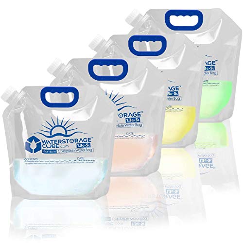 WaterStorageCube Premium Collapsible Water Container Bag, BPA Free Food Grade Clear Plastic Storage Jug for Camping Hiking Backpack Emergency, No-Leak Freezable Foldable Water Bottle 1.3/2.6 Gallon - size: 1.3 Gallon, style: 4-Pack