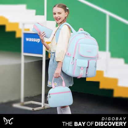 DIGOBAY Backpacks for Girls, 3PCS School Backpack with Lunch Box Pencil Pouch for Teen Girls Kids Elementary Primary Middle High College Travel School bag Bookbag Set Aquamarine-pink - color: Aquamarine-pink