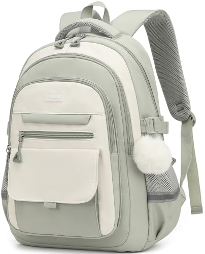 School Backpack for Teen Girls, Large Capacity Laptop Bag for High School Middle School Elementary, Aesthetic Bookbag College Women, Beige Green - color: Beige Green, size: 15.6in