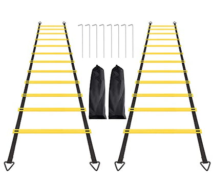 12 Rungs Agility Ladder Set, Training Ladder with Steel Stakes and Carry Bag for Soccer, Speed Fitness Feet Training - color: 2 Pack-Yellow