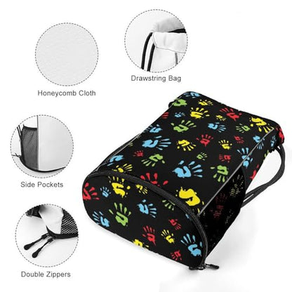 Hand Print Drawstring Backpack Gym Bag With Shoe Compartment String Bag Sport Beach Swimming Sackpack For Women Men - color: Hand Print