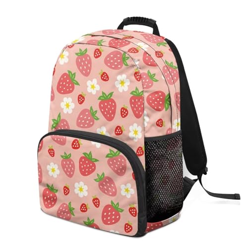 Pink Strawberry Floral Print Trendy All-Over Print Laptop Backpack for Girls & Boys - Durable Polyester School Bagpack with Two Mesh Side Pockets, Padded Shoulder Straps (17.3x12.2x5.9in) - color: Pink Strawberry Floral Print