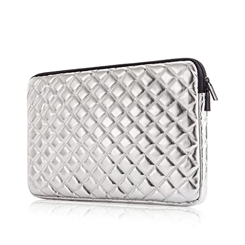 Puffy Laptop Sleeve 11 12 13 13.3 14 15 15.6 inch Case Protective Bag Quilted PU Leather Smooth Zipper Velvet Lined Padded Holder with Pocket - color: Silver Quilted, size: 13-13.3 Inch