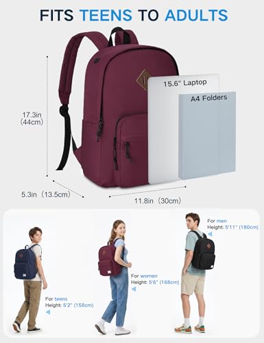 Kasqo School Backpack, Classic Lightweight Water-Resistant Daypack 17.8L Bookbag for Women Teens Girls Kids College,Travel, Work, Wine Red - color: Red