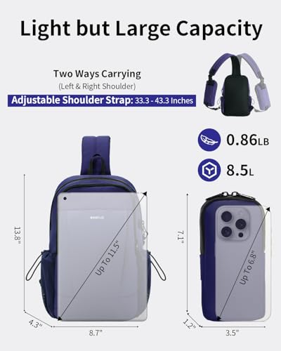 ECOHUB Anti-Theft Crossbody Bag Men Women, RFID Blocking Lightweight Sling Backpack Eco-Friendly with 9 Pockets Sturdy SBS Zippers Water Resistant for Travel Work Hiking Outdoor, Blue - color: Blue