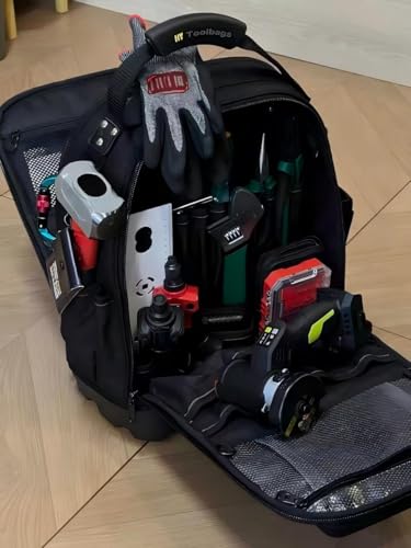 HY Toolbags Tech Pac Pro Professional Tool Backpack with 49 Pockets, Black Nylon, Waterproof Base, Heavy Duty Zipper, 32L Capacity, Tool Organizer for Electrician and HVAC