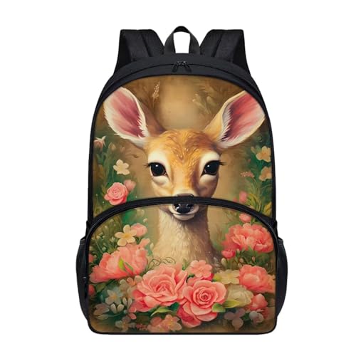 Talayituse Deer Flower Print School Backpack Bookbag Casual Backpack Student Backpack for Students Travel Hiking Camping Daypack with Front Zipper Pocket - color: Deer Flower