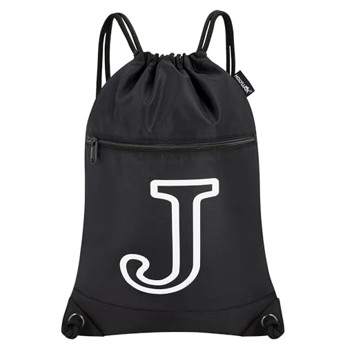 HOLYLUCK Drawstring Bags Initial Backpack Sackpack Cinch Bags for Sports, Gym, Travel, Beach (Black-J) - color: Black-j