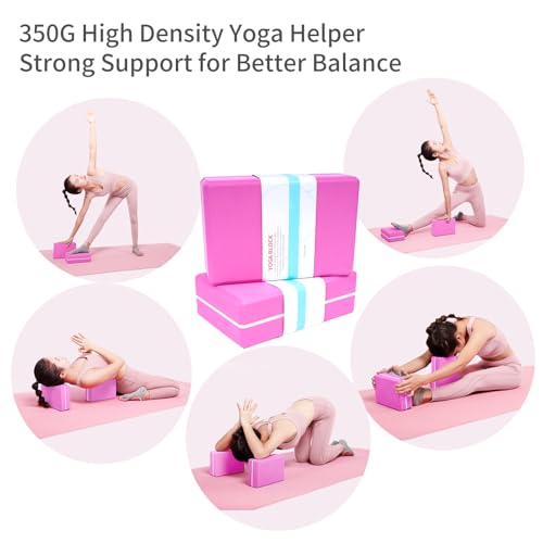 2 Pack Yoga Blocks 350g High Density, Non-Slip EVA Foam Brick with Bonus 11 loops Yoga Strap & Carry Bag, Pilates Block Set for Balance, Flexibility, Meditation, Home Gym & Studio - color: Pink Brick & Pink Band