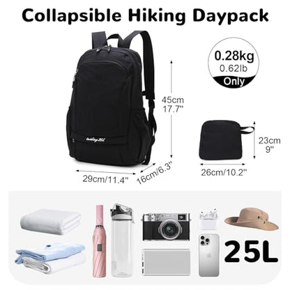 25L Collapsible Hiking Backpack with Chest Strap for Men, Foldable Lightweight Gym Backpack with Waterproof Wet Pocket, Black - color: Black