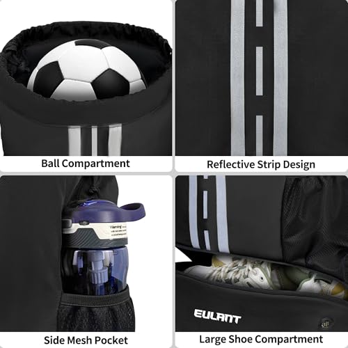 EULANT Soccer Backpack with Shoes Compartment, Waterproof Drawstring Bag for Sport Gym Swim Yoga Travel Football Volleyball - color: Upgraded Black