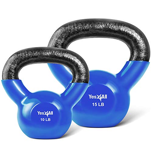 Yes4All Kettlebell, Vinyl Coated Kettlebell Cast Iron Sets with Stable Flat Bottom for Full Body Workout, Push up, Grip Strength Training & Weights Exercises - color: Blue, style: 10 - 15lb