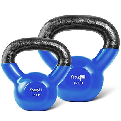 Yes4All Kettlebell, Vinyl Coated Kettlebell Cast Iron Sets with Stable Flat Bottom for Full Body Workout, Push up, Grip Strength Training & Weights Exercises - color: Blue, style: 10 - 15lb