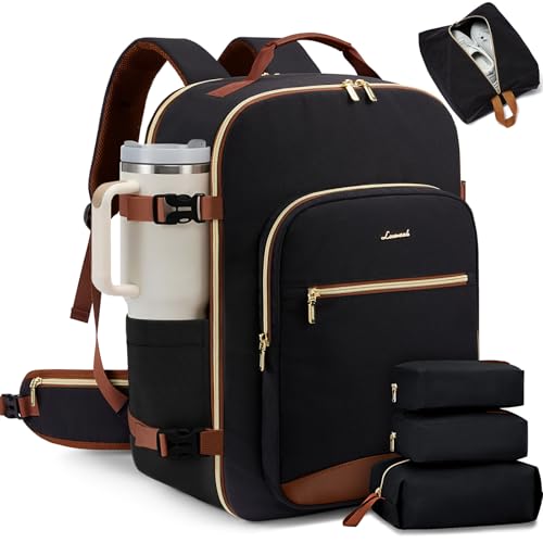 LOVEVOOK 56L Travel Backpack for Women & Men, Airline Approved Carry On Luggage with 3 Packing Cubes, TSA Overnight Bags, Waterproof Personal Item Bag, Weekender Essentials Backpacks fits 17" Laptop - color: Black-brown, size: XX-Large