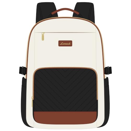 LOVEVOOK Laptop Backpack for Women with Pouch Pocket for Large Capacity Cup,15.6 Inch Laptop Computer Bag Travel Backpack Purse,Work Business Backpack College Teacher Bags,Beige-Black-Brown + V-shaped - color: Beige - Black - Chestnut Brown + V-shaped, si