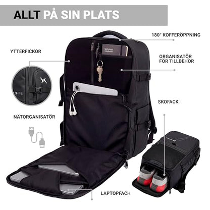 PICSIL Horizon Travel Backpack – Expandable 26L-33L Carry-On with Waterproof Laptop Compartment for 15 & 15.6'', Shoe Storage, and Personal Item Bag - Moonless - color: Moonless