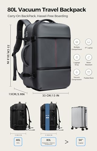 IKYWT 80L Vacuum Seal Travel Backpack with Compression System | Expandable, 5kPa High Power Pump, 17” Laptop Compartment, TSA Lock, Water-Resistant - color: Gray