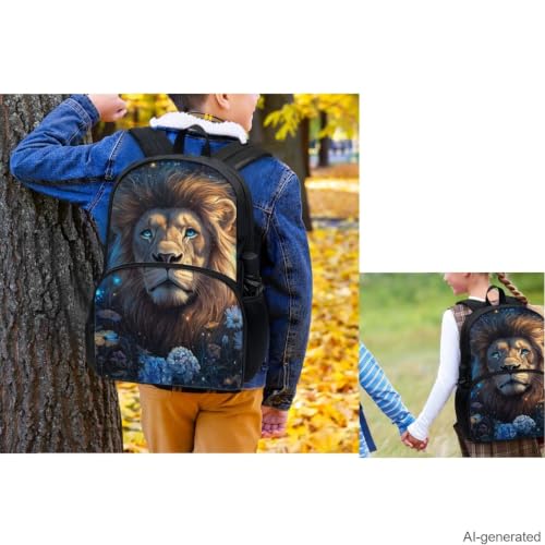 Aesthetic Lion Backpack for Kids Girls Backpack with Lunch Box Water Bottle Carrier and Fabric Pencil Pouch 4Pcs Set 17" Bookbag with Large Front Pocket for School Sturdy Elementary School Bag - color: Aesthetic Lion-2