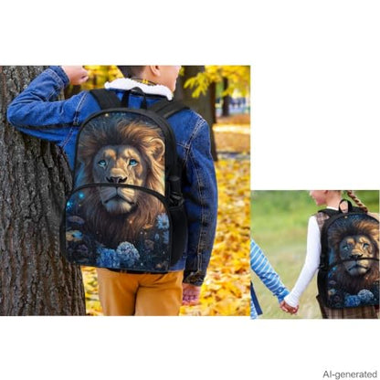 Aesthetic Lion Backpack for Kids Girls Backpack with Lunch Box Water Bottle Carrier and Fabric Pencil Pouch 4Pcs Set 17" Bookbag with Large Front Pocket for School Sturdy Elementary School Bag - color: Aesthetic Lion-2