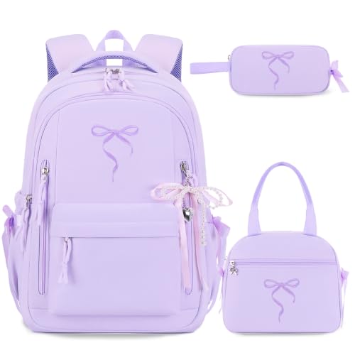 Kids Backpack for Girls - 3PCS Cute Embroidered Bow Girls Backpack with Insulated Lunch Bag & Pencil Case - Bookbag for Teen Women Middle High School College Work Travel Daypack - color: Purple