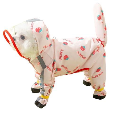 Junchl Small Dog Raincoat Rainboots with D-Ring, Full Coverage Dog Rain Jacket Slicker Poncho, Waterproof Dog Rain Jacket with Reflective Strip, Rainboot, Tail Cover Strawberry S - color: Strawberry, size: S:Back 10"(3-5lb)