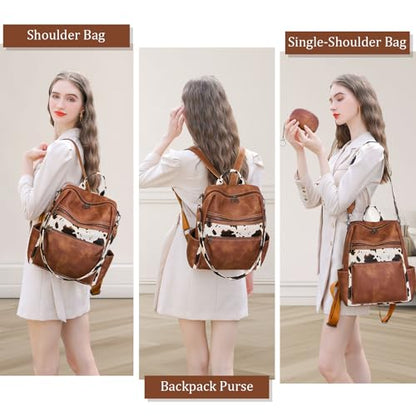 AGLOD Leather Backpack Purse for Women Designer Ladies Shoulder Bag Fashion Faux Work Travel Daypack - color: Cow Brown