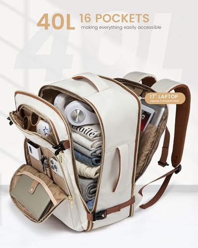 LOVEVOOK Travel Essentials Carry on Backpack 40L Travels Backpack for Women,Waterproof TSA Personal Item Travels Bag Airline Flight Approved,Large Carry on Luggage Laptop Backpack with Packing Cubes - color: Beige White - Chestnut Brown, size: Large-40L-4