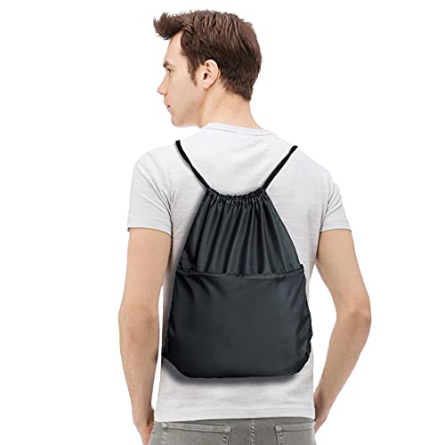 Drawstring Backpack Sports Water Resistant String Bag Sport Gym Sackpack for Women Men Large with Zipper, Black - color: Black